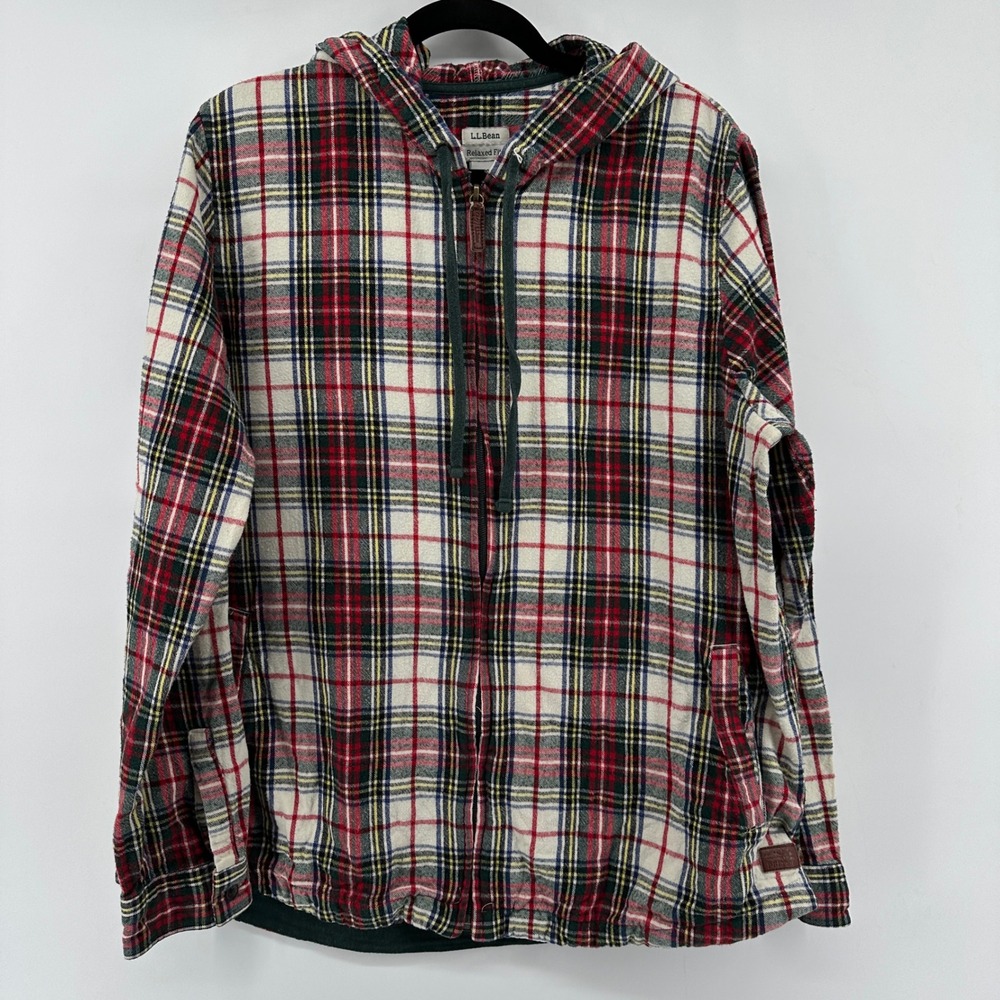 LL Bean Relaxed Fit Plaid Flannel Full Zip Hoodie Red Green White 502092 L REG
